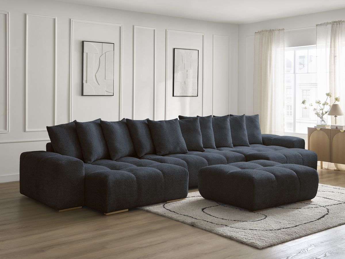 Canapé panoramique convertible coffre ANAKIN tissu bouclette avec pouf