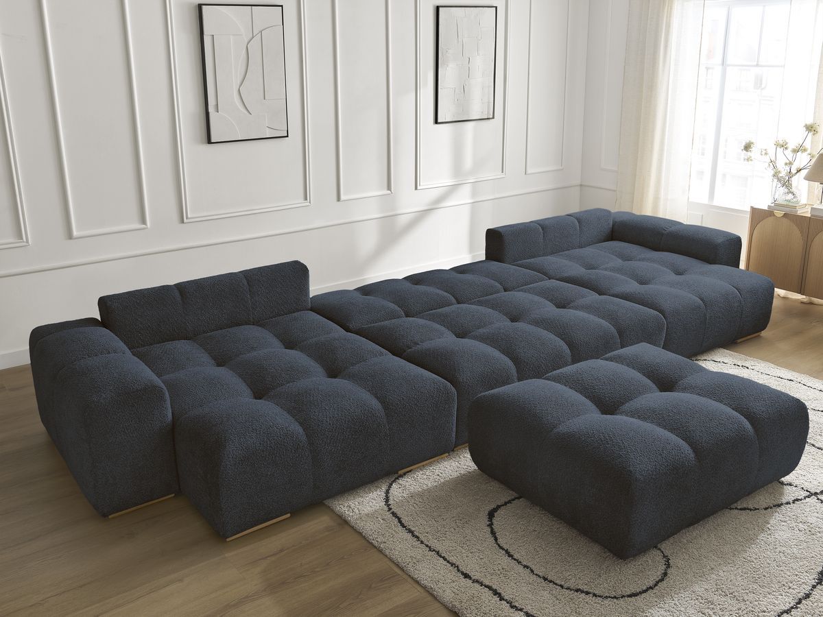 Canapé panoramique convertible coffre ANAKIN tissu bouclette avec pouf