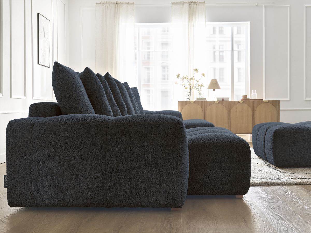 Canapé panoramique convertible coffre ANAKIN tissu bouclette avec pouf