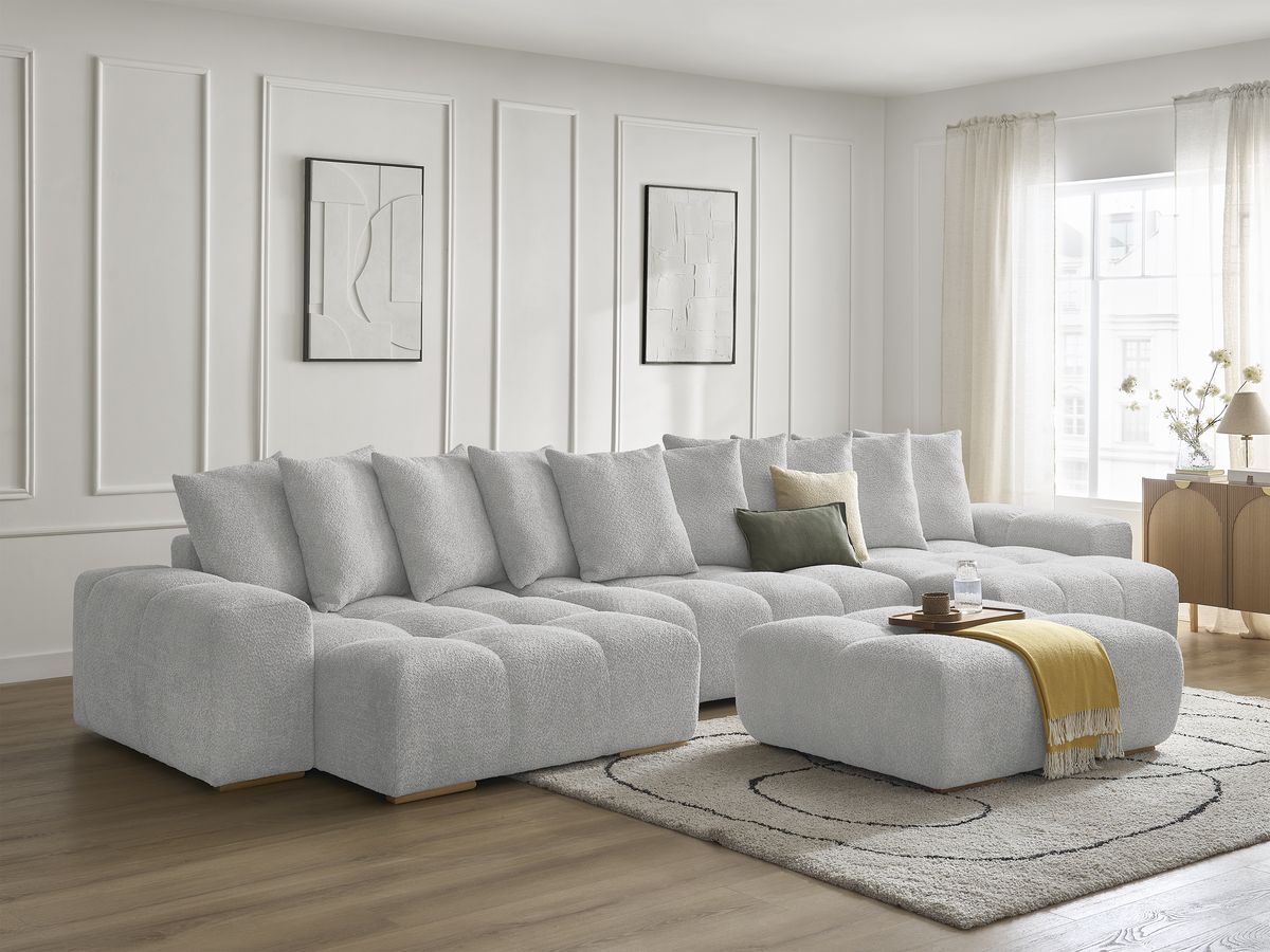 Canapé panoramique convertible coffre ANAKIN tissu bouclette avec pouf