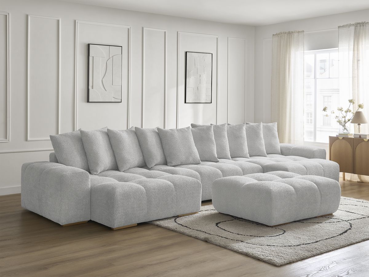 Canapé panoramique convertible coffre ANAKIN tissu bouclette avec pouf