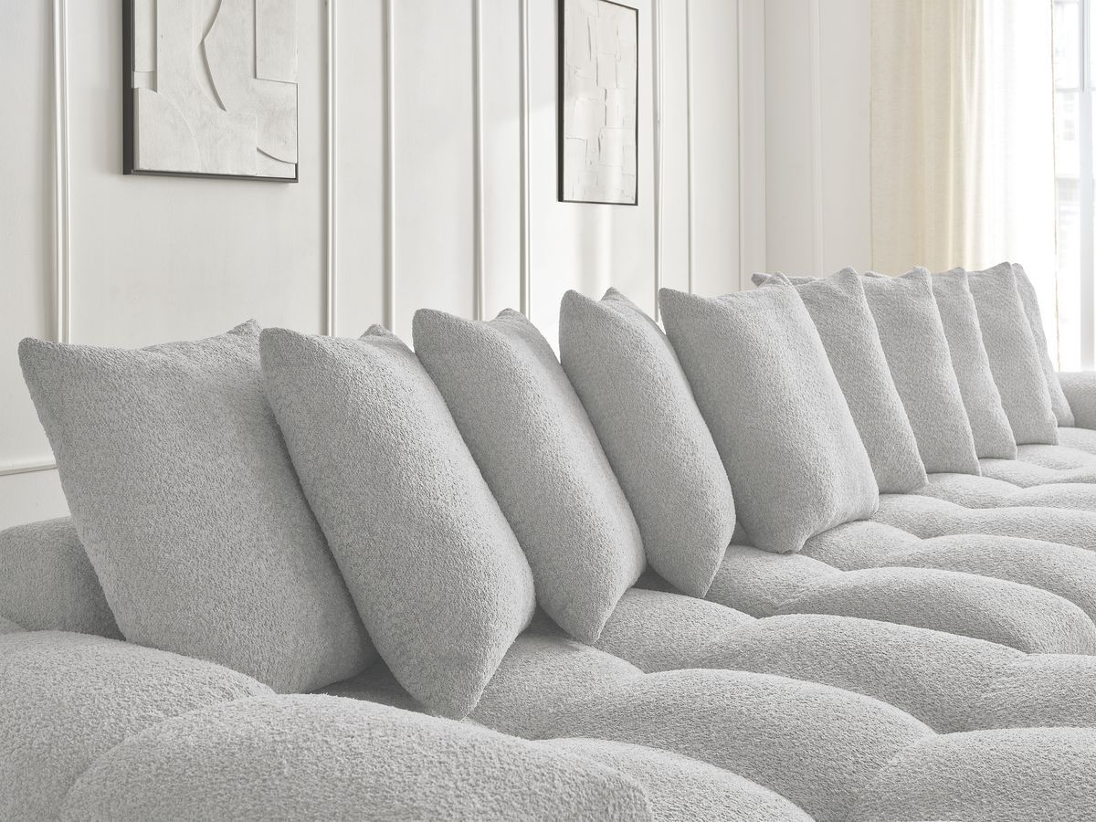 Canapé panoramique convertible coffre ANAKIN tissu bouclette avec pouf