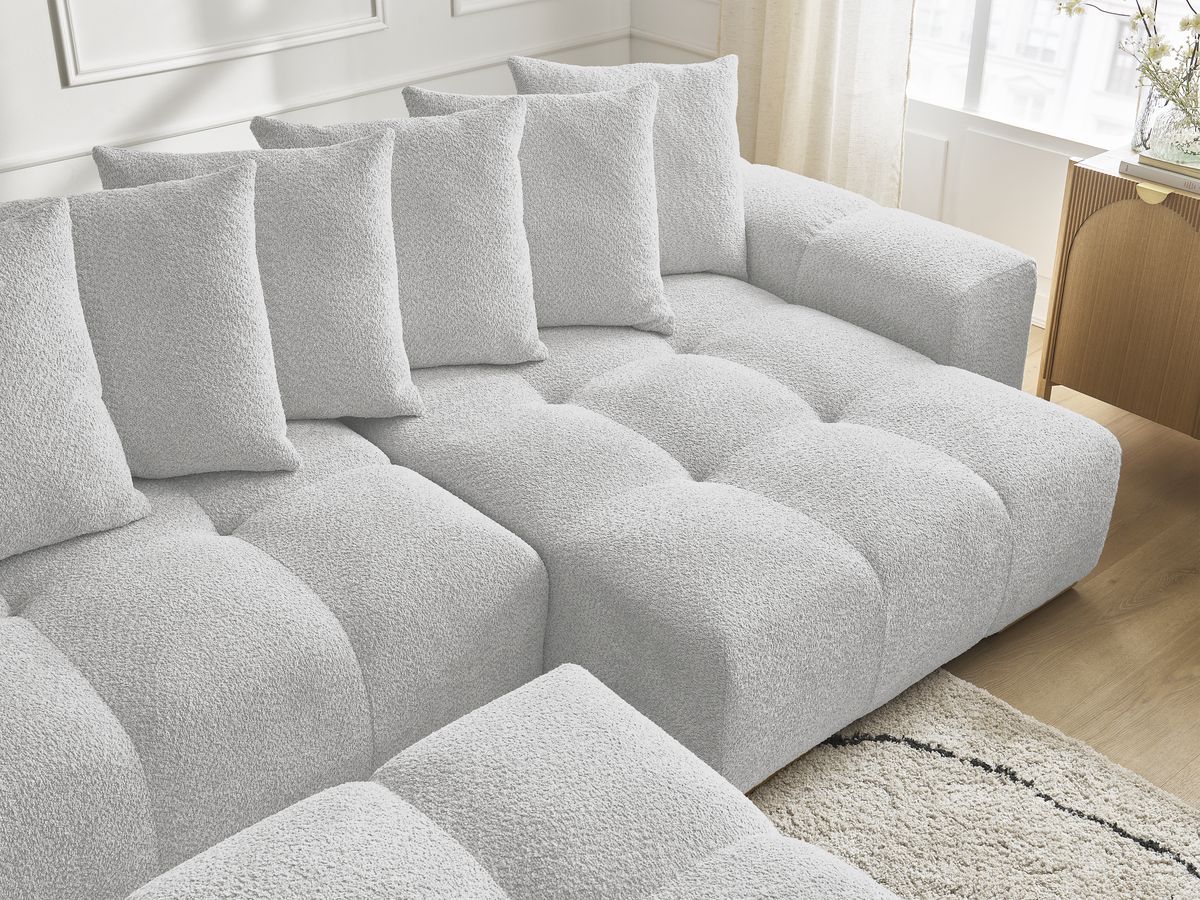 Canapé panoramique convertible coffre ANAKIN tissu bouclette avec pouf