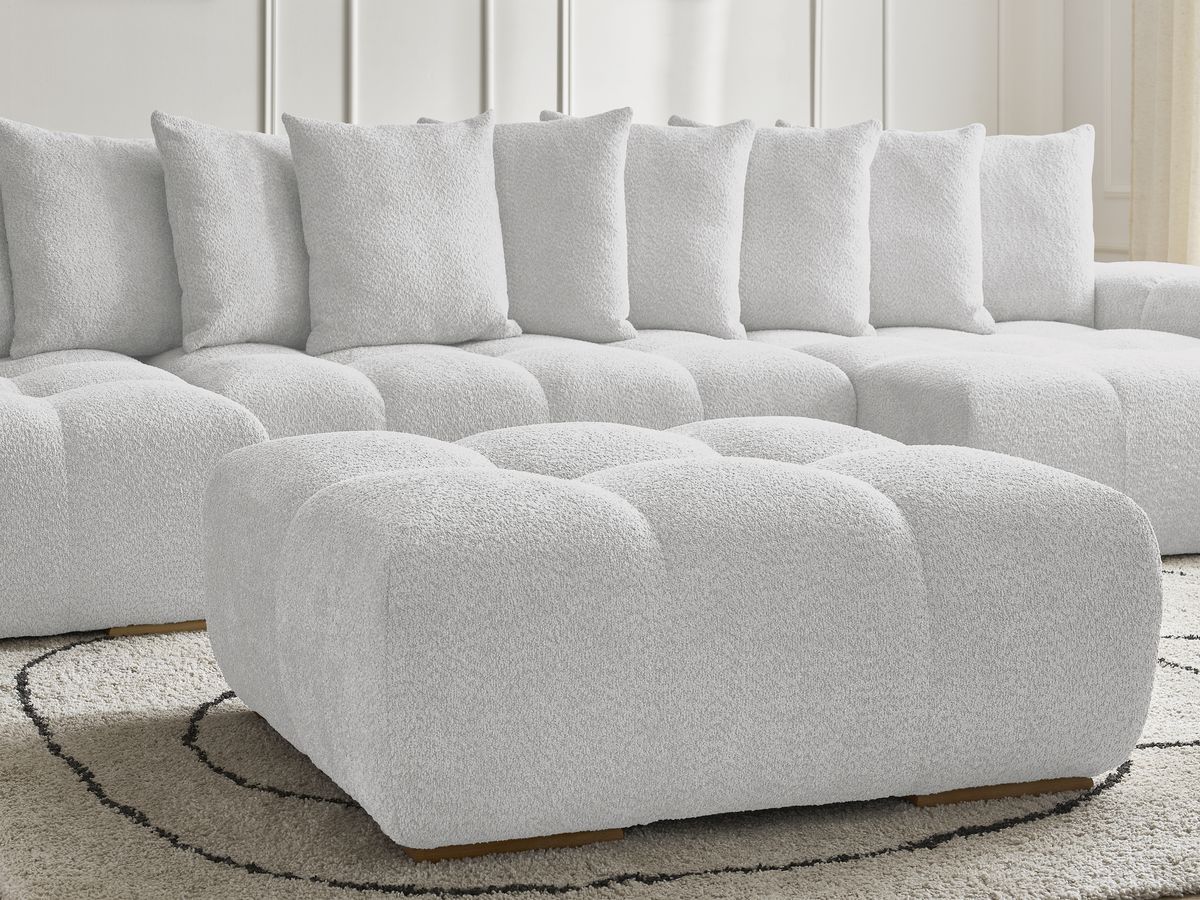 Canapé panoramique convertible coffre ANAKIN tissu bouclette avec pouf