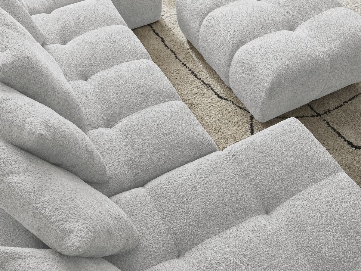Canapé panoramique convertible coffre ANAKIN tissu bouclette avec pouf