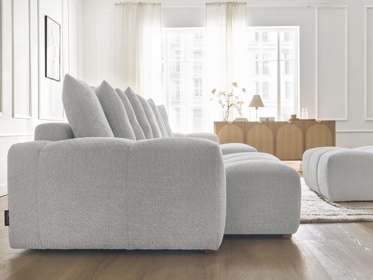 Canapé panoramique convertible coffre ANAKIN tissu bouclette avec pouf