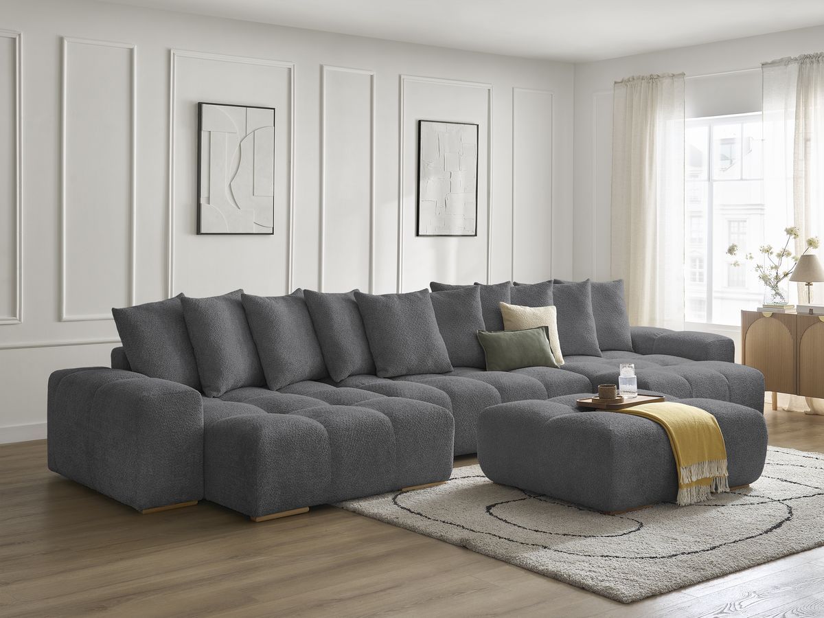 Canapé panoramique convertible coffre ANAKIN tissu bouclette avec pouf