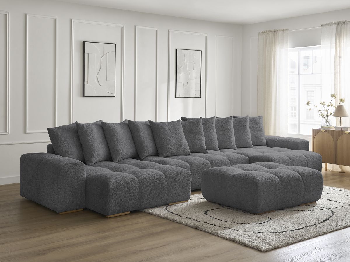Canapé panoramique convertible coffre ANAKIN tissu bouclette avec pouf