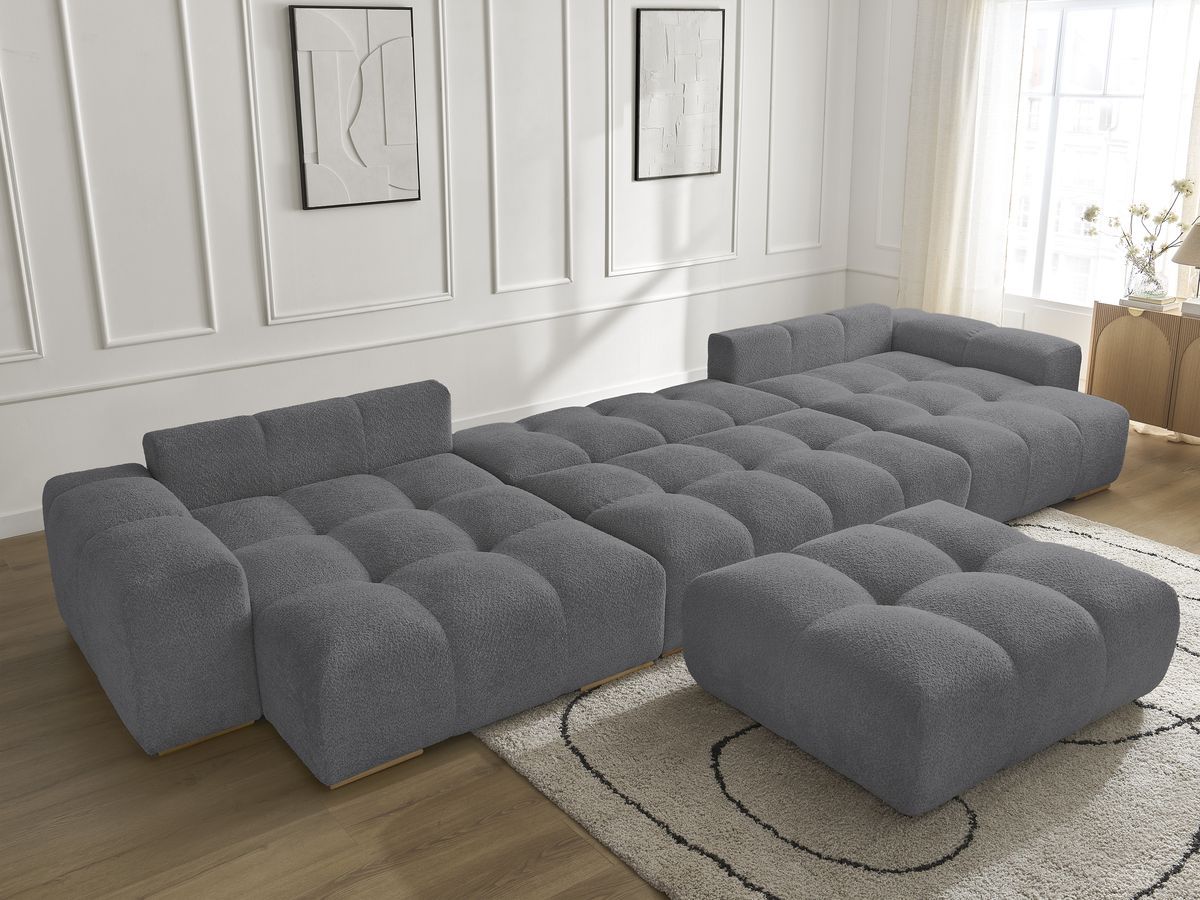 Canapé panoramique convertible coffre ANAKIN tissu bouclette avec pouf