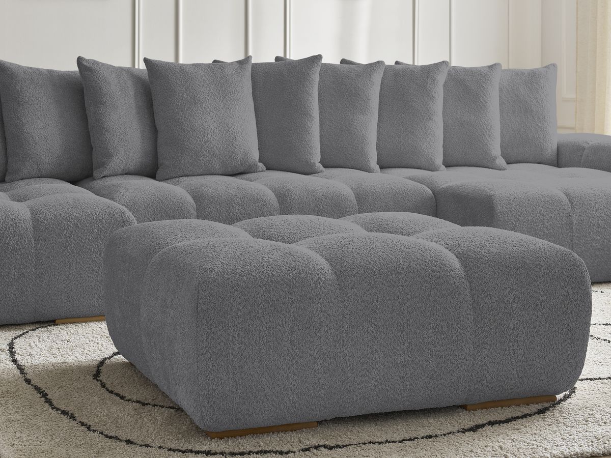 Canapé panoramique convertible coffre ANAKIN tissu bouclette avec pouf