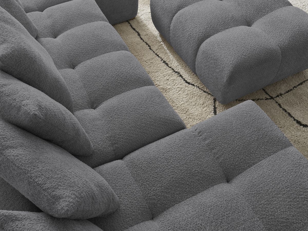 Canapé panoramique convertible coffre ANAKIN tissu bouclette avec pouf