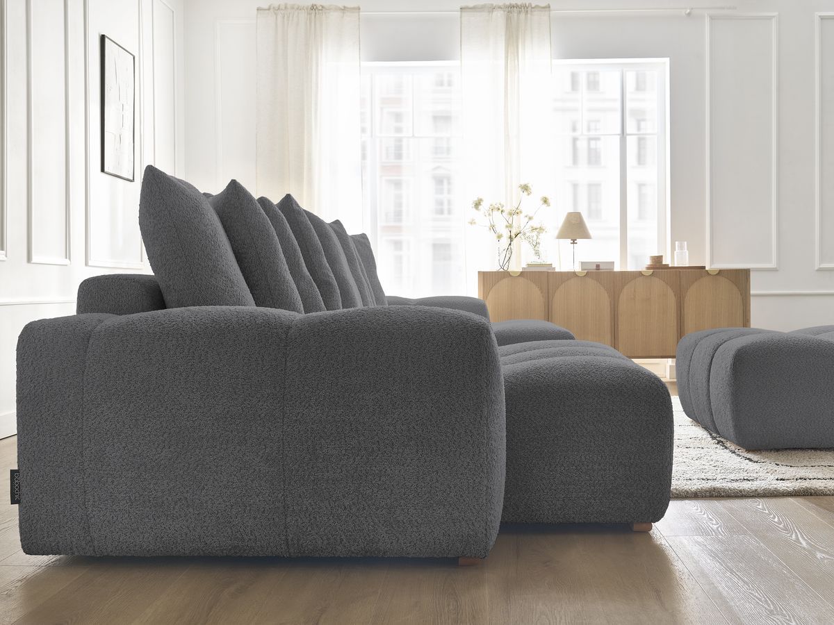 Canapé panoramique convertible coffre ANAKIN tissu bouclette avec pouf