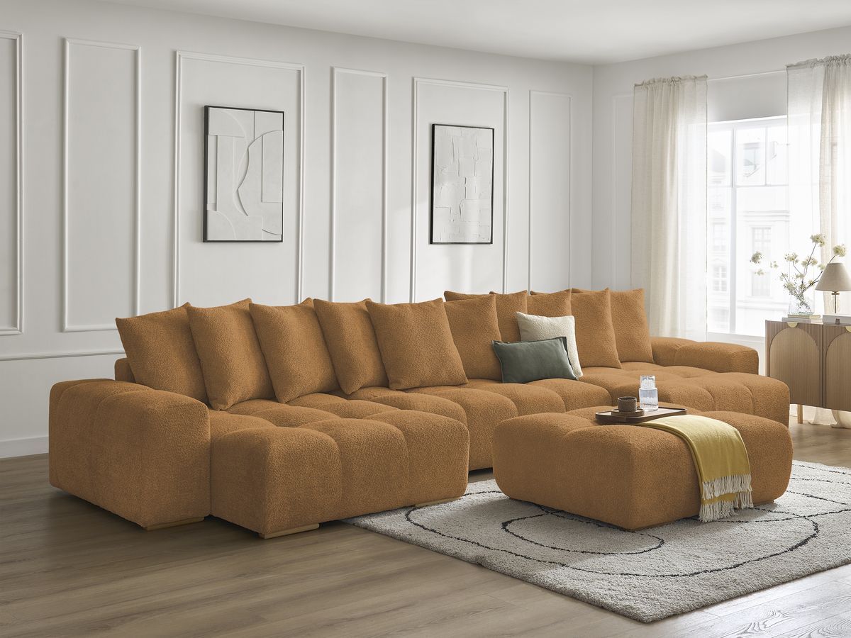 Canapé panoramique convertible coffre ANAKIN tissu bouclette avec pouf
