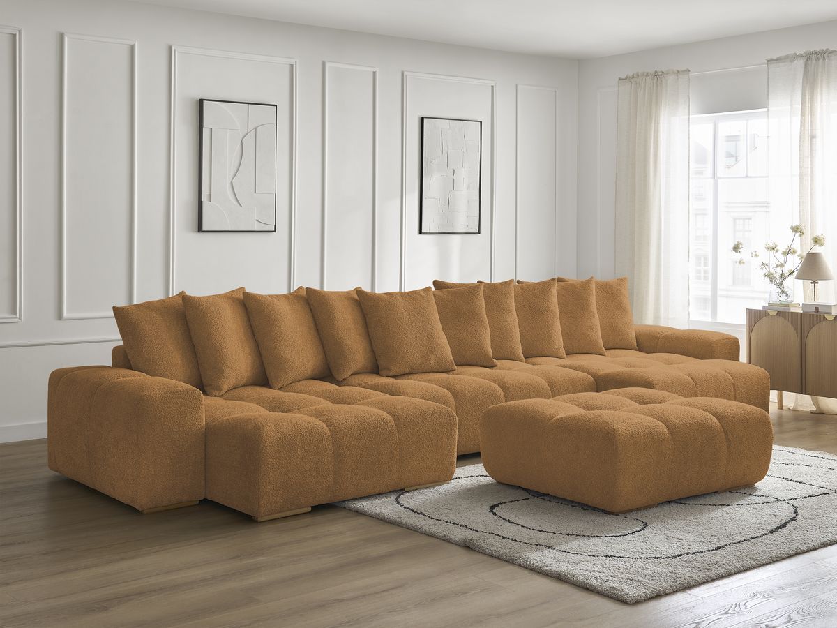 Canapé panoramique convertible coffre ANAKIN tissu bouclette avec pouf