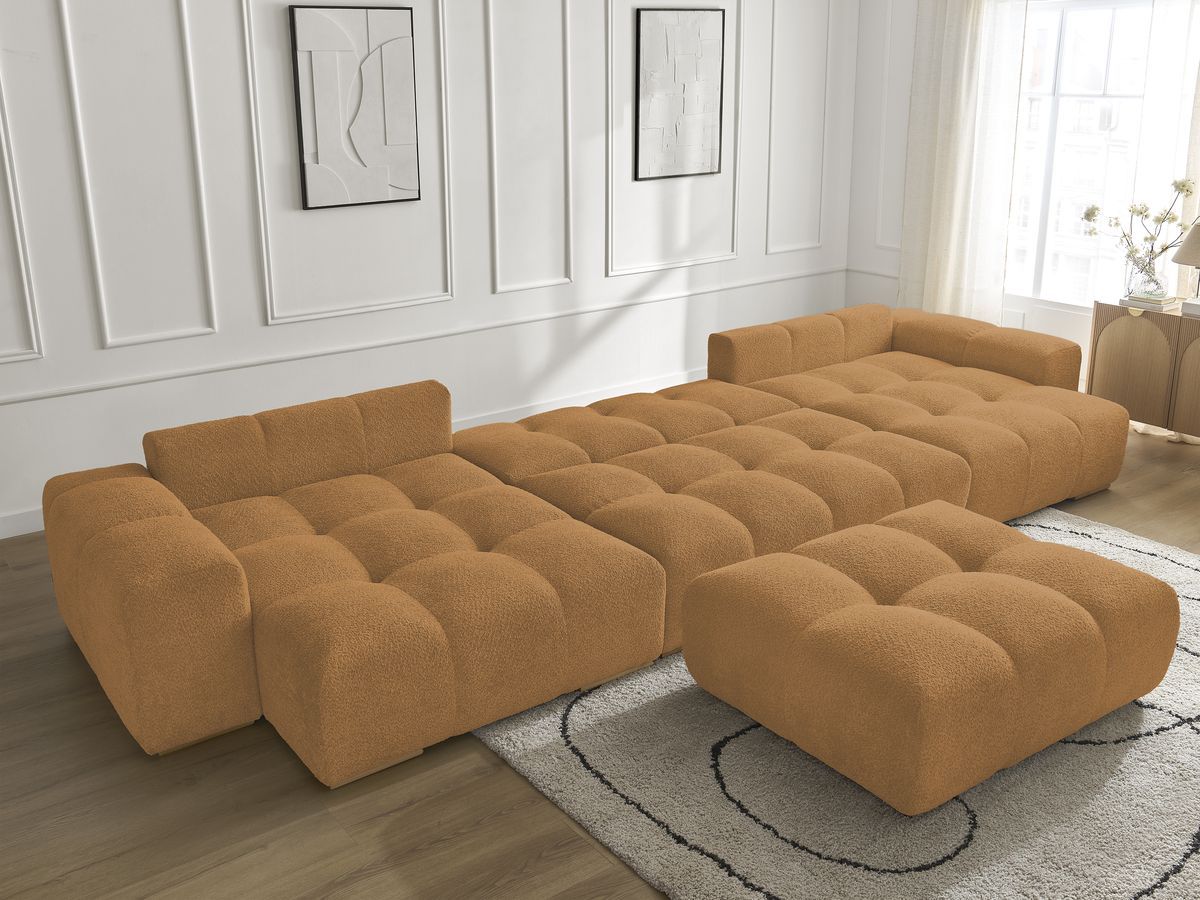 Canapé panoramique convertible coffre ANAKIN tissu bouclette avec pouf
