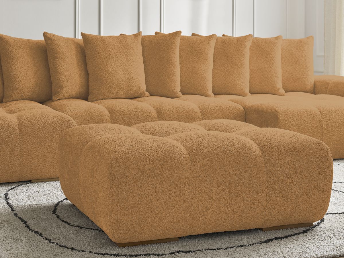 Canapé panoramique convertible coffre ANAKIN tissu bouclette avec pouf