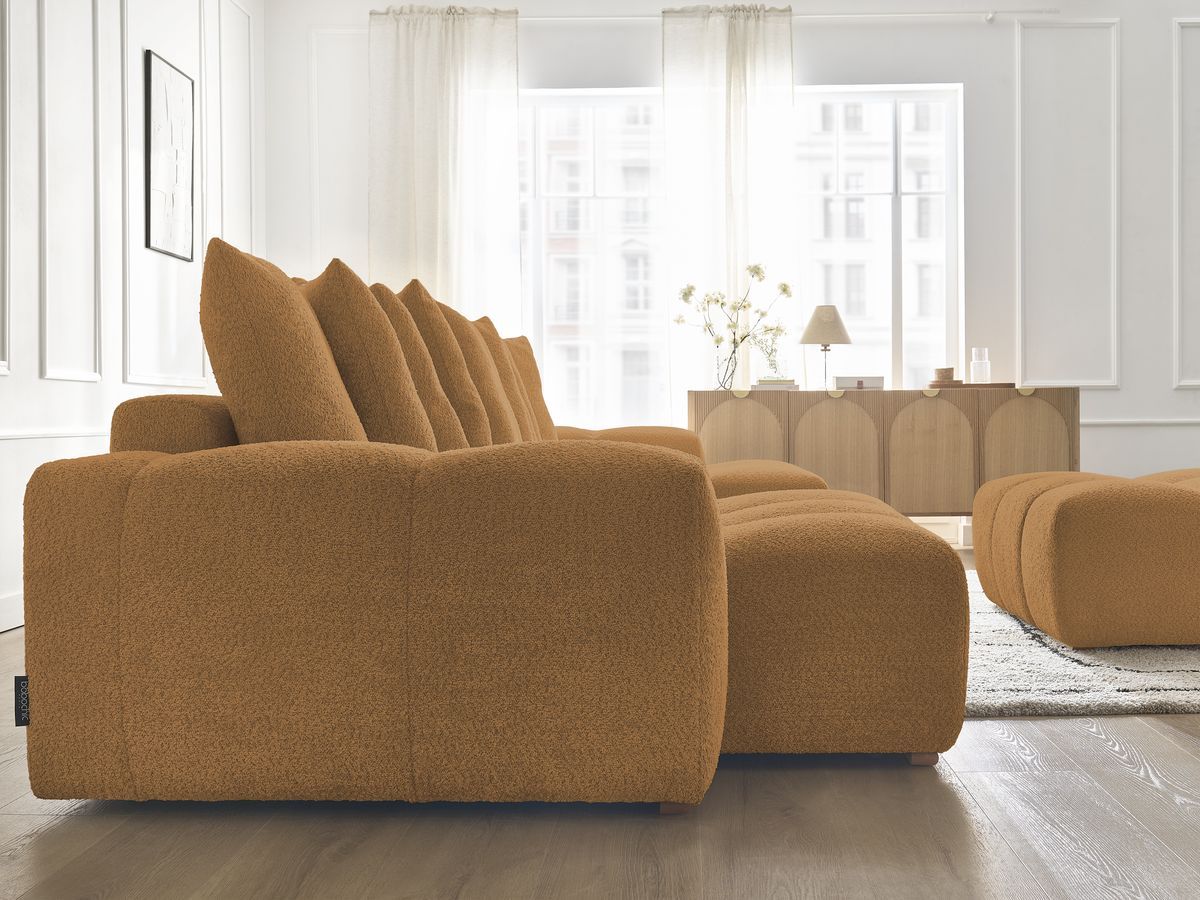 Canapé panoramique convertible coffre ANAKIN tissu bouclette avec pouf