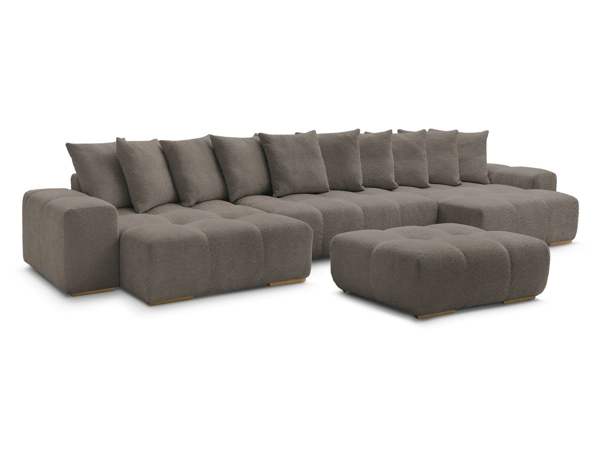 Canapé panoramique convertible coffre ANAKIN tissu bouclette avec pouf