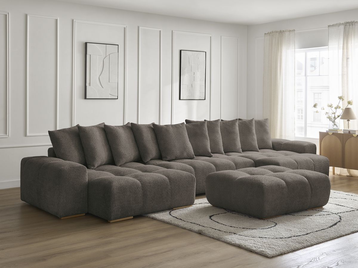 Canapé panoramique convertible coffre ANAKIN tissu bouclette avec pouf