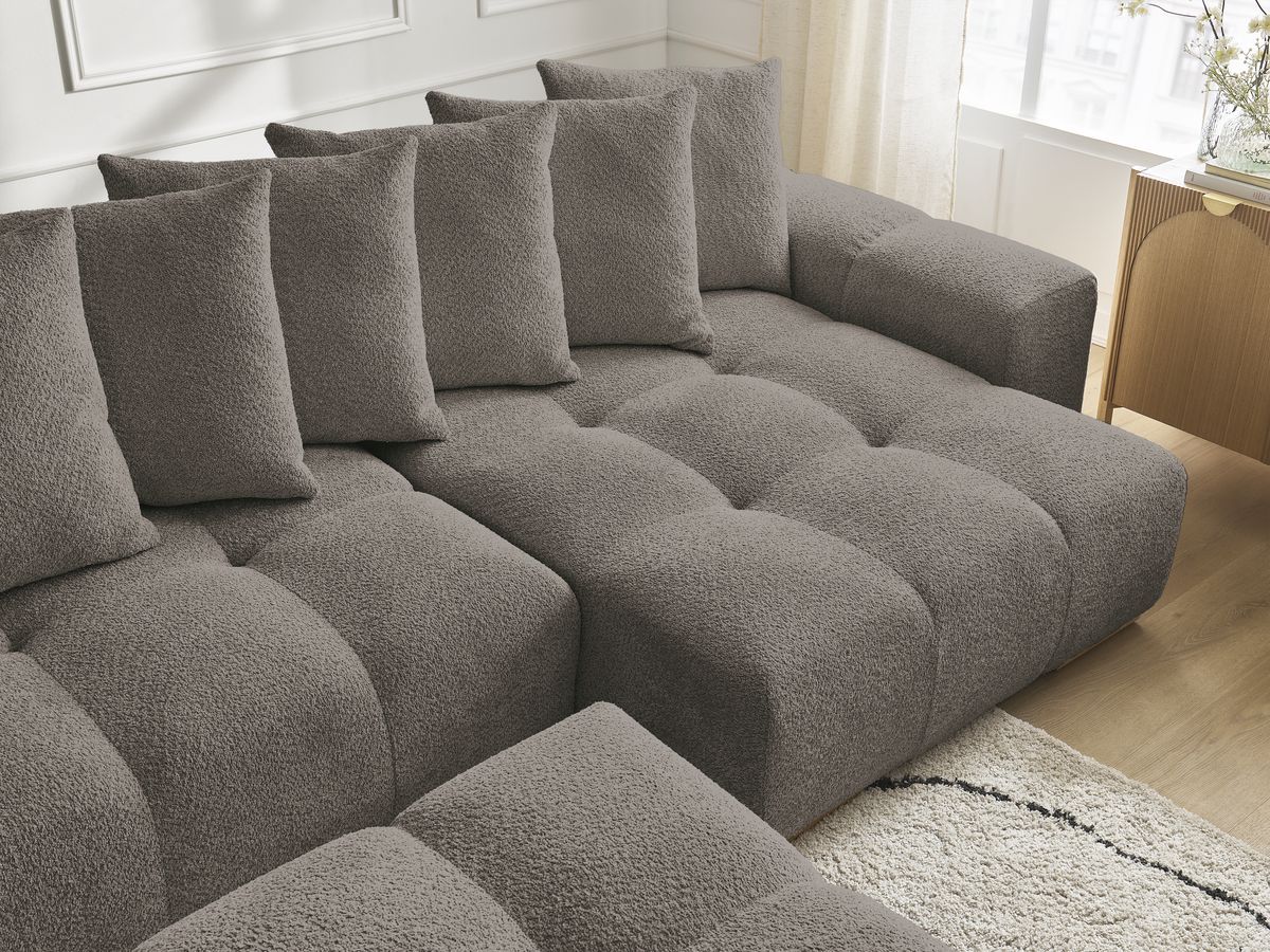 Canapé panoramique convertible coffre ANAKIN tissu bouclette avec pouf