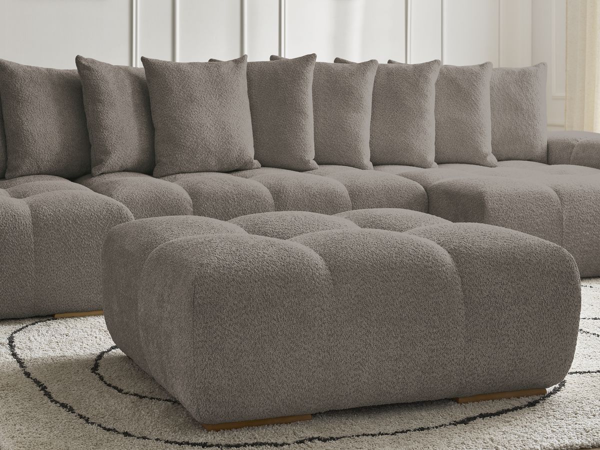 Canapé panoramique convertible coffre ANAKIN tissu bouclette avec pouf