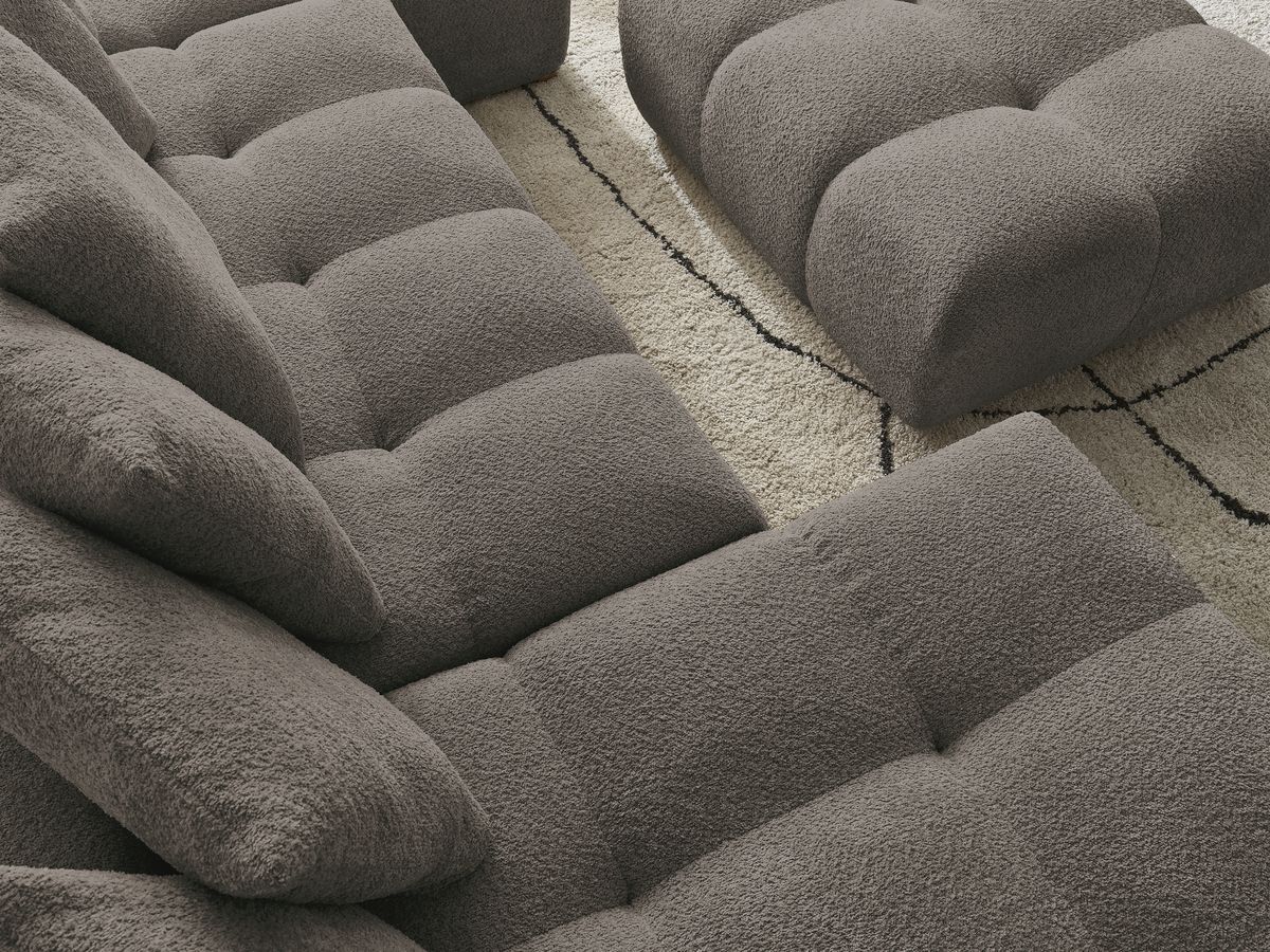 Canapé panoramique convertible coffre ANAKIN tissu bouclette avec pouf