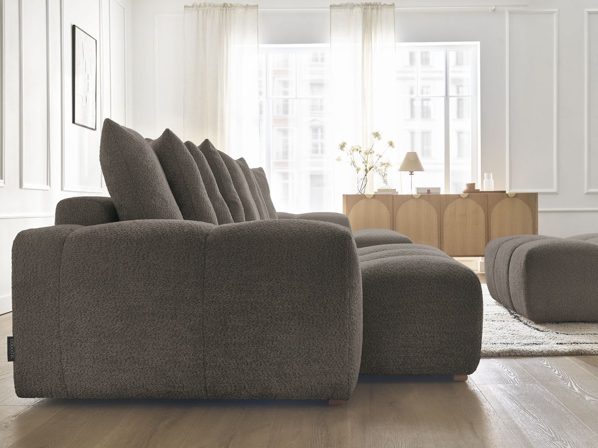 Canapé panoramique convertible coffre ANAKIN tissu bouclette avec pouf