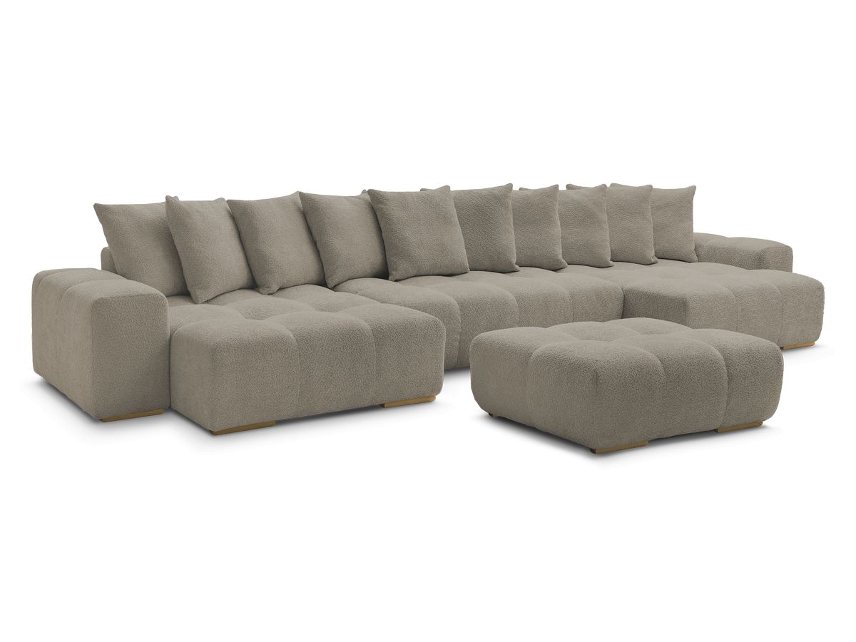 Canapé panoramique convertible coffre ANAKIN tissu bouclette avec pouf