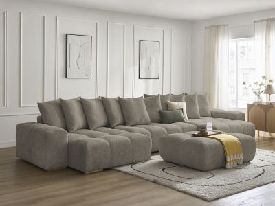 Canapé panoramique convertible coffre ANAKIN tissu bouclette avec pouf
