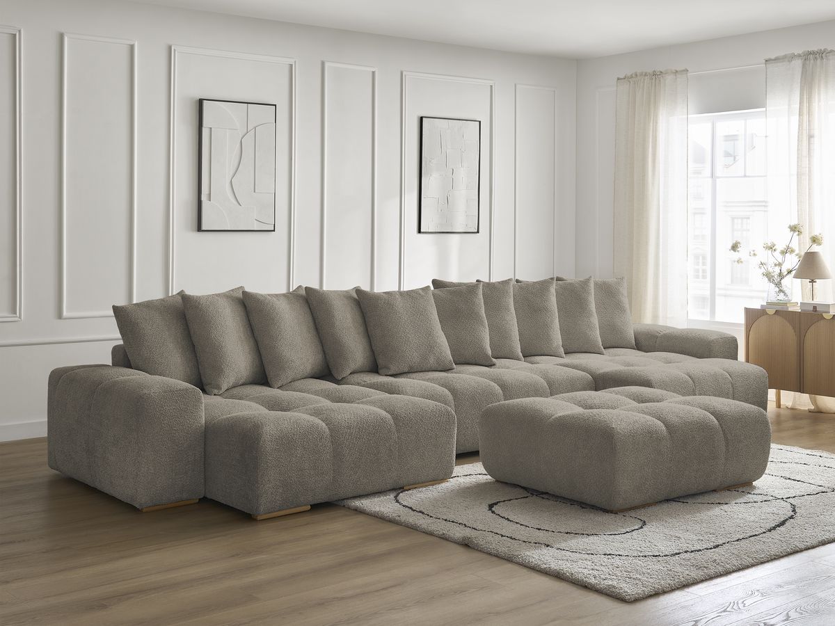 Canapé panoramique convertible coffre ANAKIN tissu bouclette avec pouf