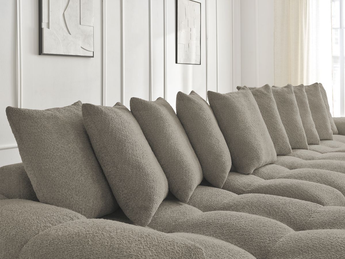 Canapé panoramique convertible coffre ANAKIN tissu bouclette avec pouf