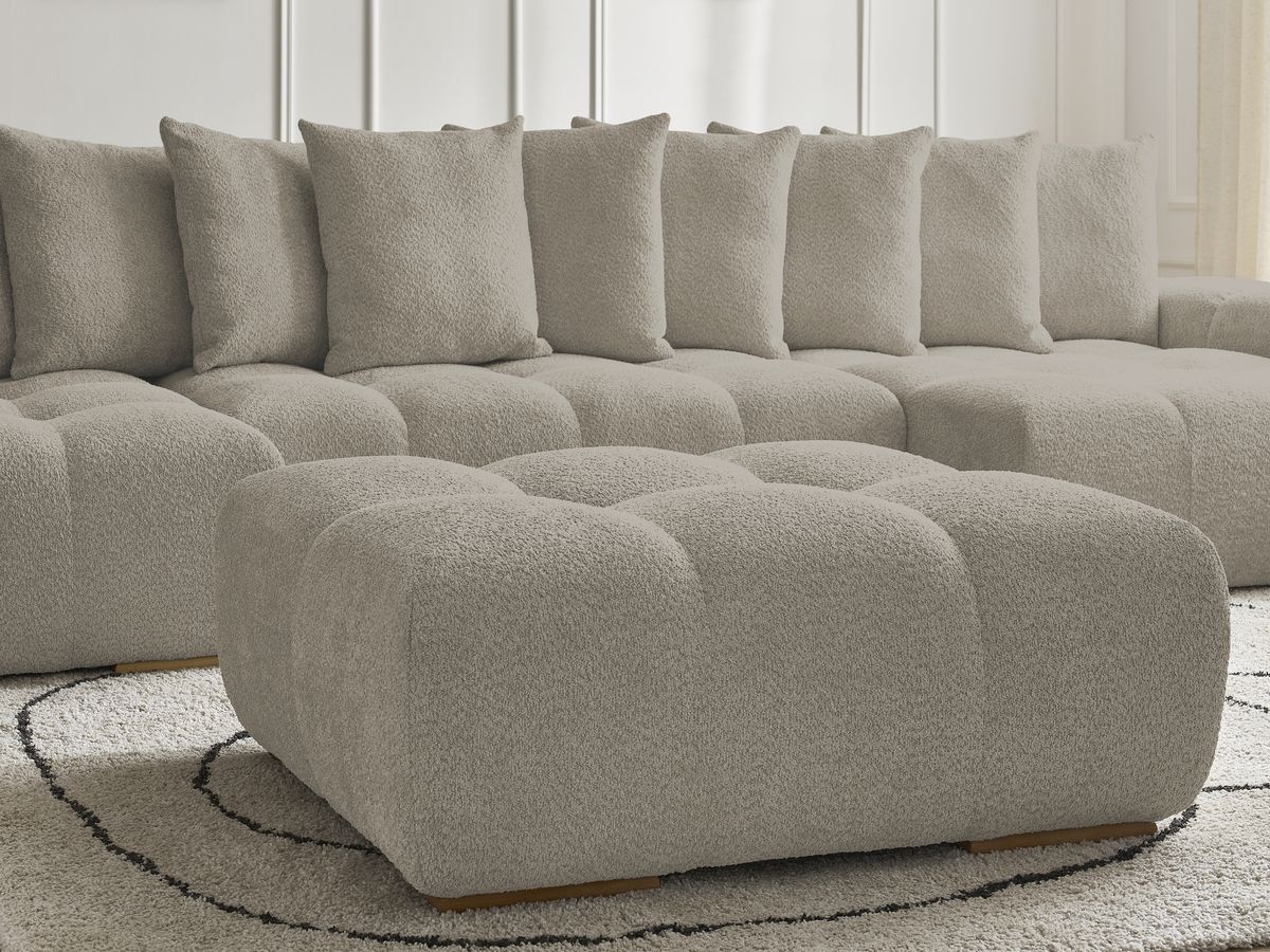 Canapé panoramique convertible coffre ANAKIN tissu bouclette avec pouf