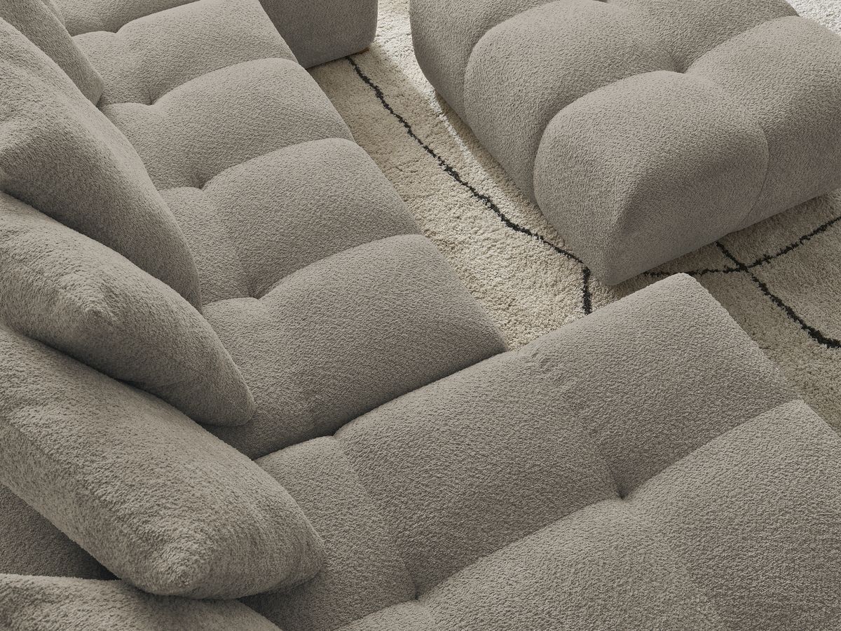 Canapé panoramique convertible coffre ANAKIN tissu bouclette avec pouf