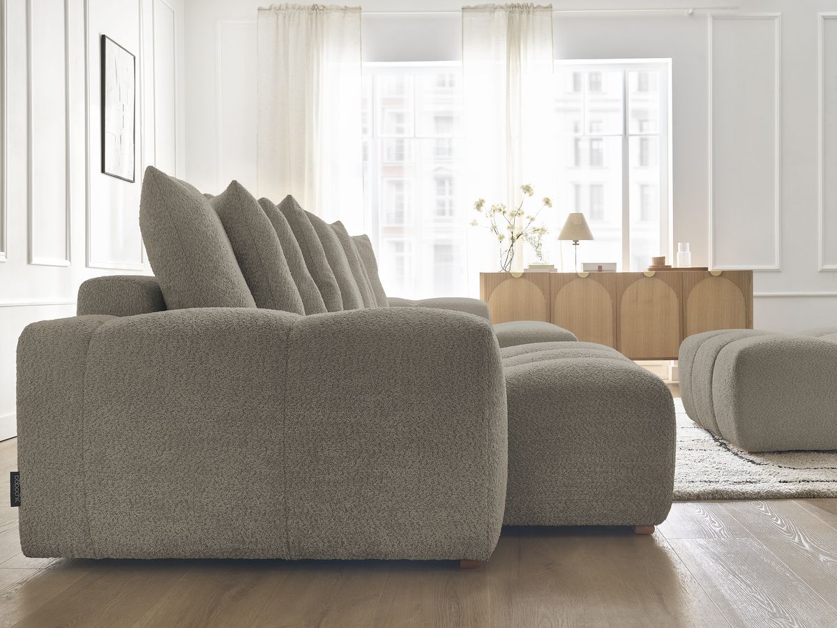Canapé panoramique convertible coffre ANAKIN tissu bouclette avec pouf