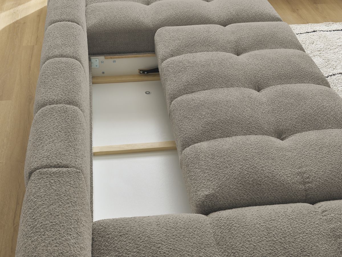 Canapé panoramique convertible coffre ANAKIN tissu bouclette avec pouf