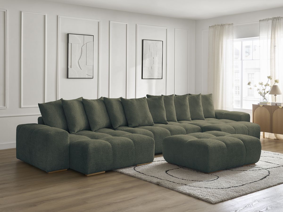 Canapé panoramique convertible coffre ANAKIN tissu bouclette avec pouf