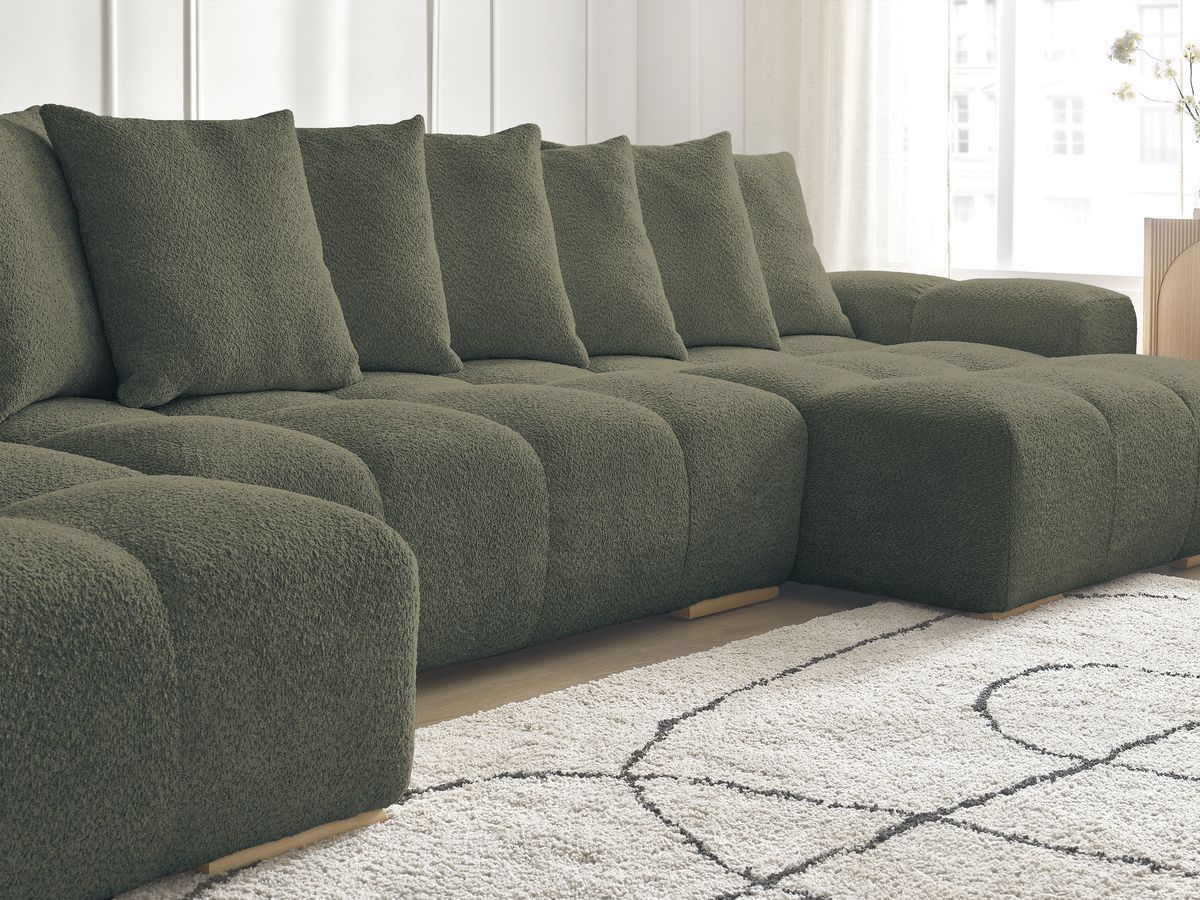 Canapé panoramique convertible coffre ANAKIN tissu bouclette avec pouf