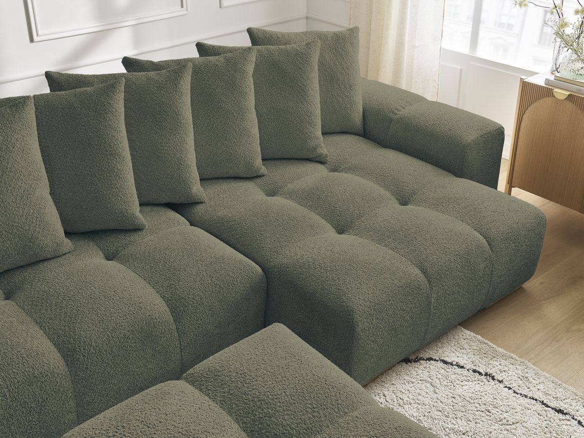 Canapé panoramique convertible coffre ANAKIN tissu bouclette avec pouf