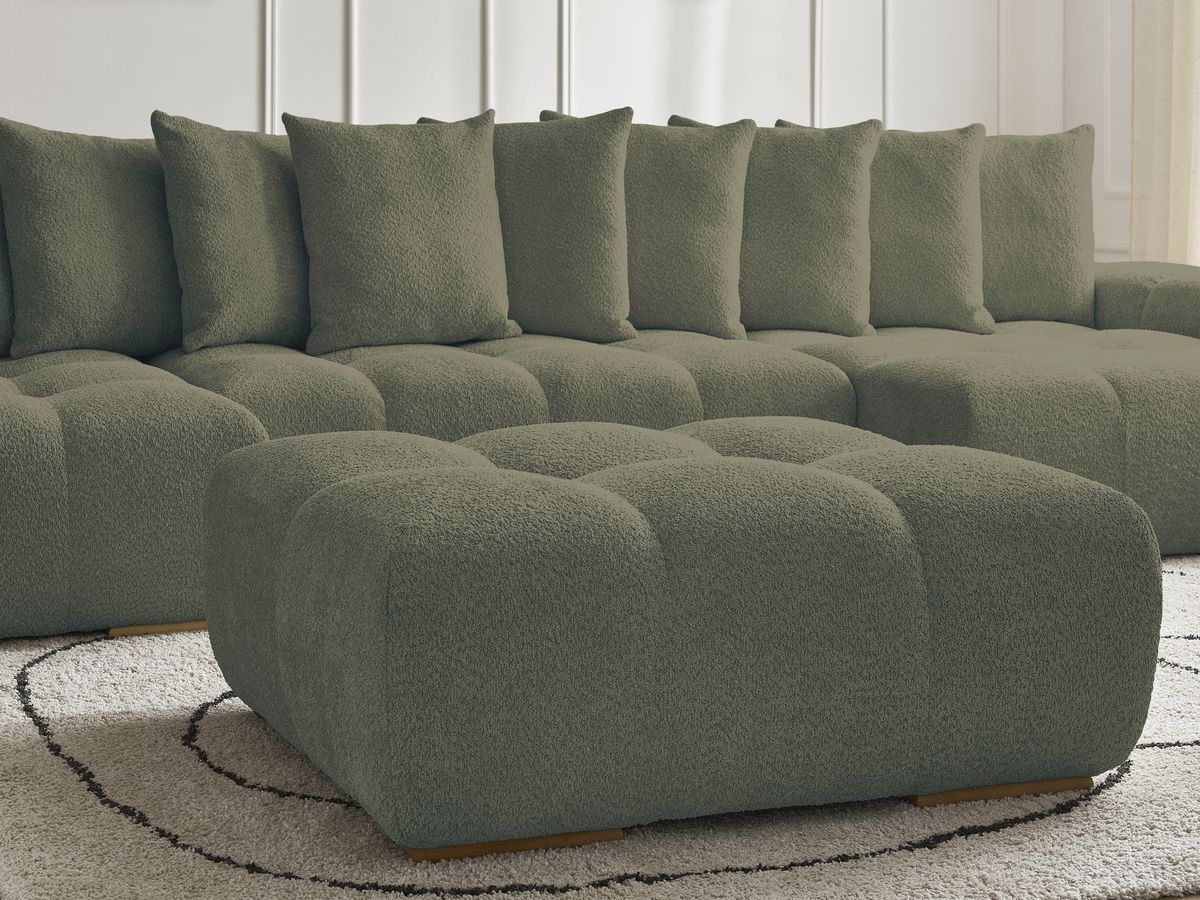 Canapé panoramique convertible coffre ANAKIN tissu bouclette avec pouf
