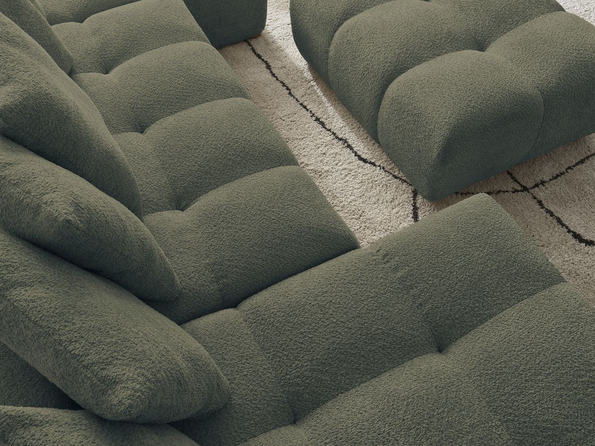 Canapé panoramique convertible coffre ANAKIN tissu bouclette avec pouf