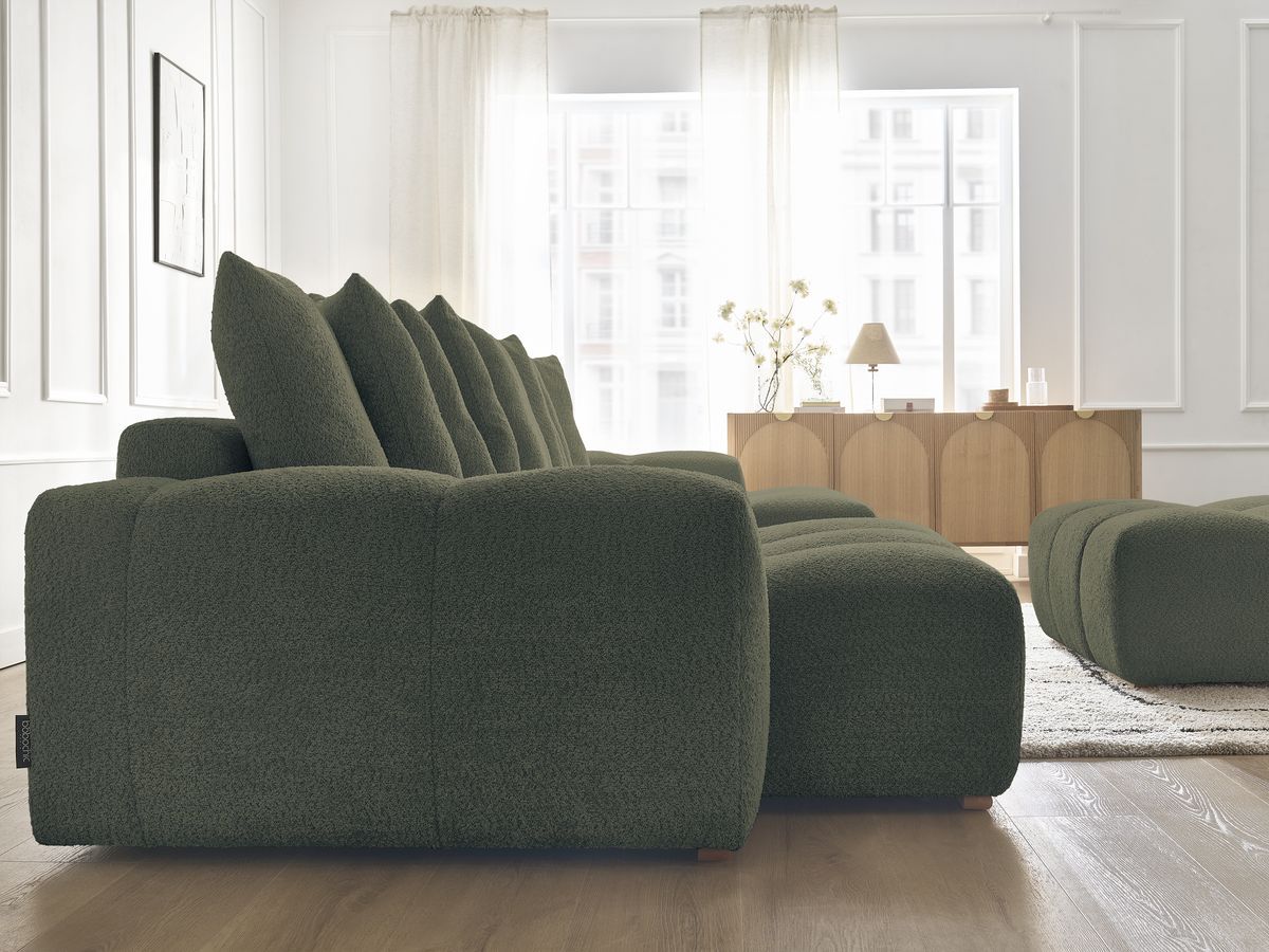 Canapé panoramique convertible coffre ANAKIN tissu bouclette avec pouf