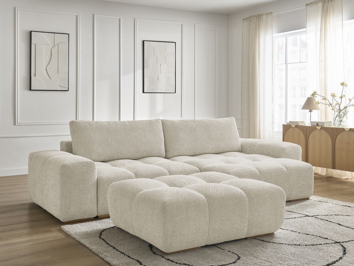 Canapé d'angle convertible réversible coffre ANAKIN tissu bouclette avec pouf