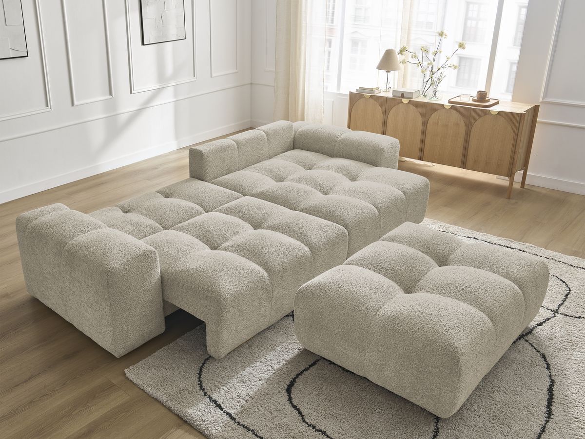 Canapé d'angle convertible réversible coffre ANAKIN tissu bouclette avec pouf
