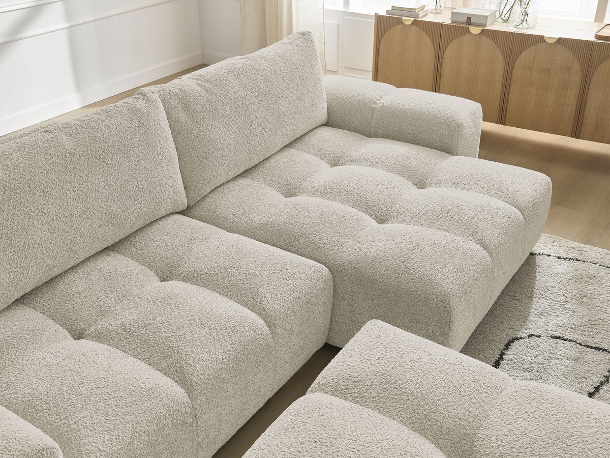 Canapé d'angle convertible réversible coffre ANAKIN tissu bouclette avec pouf