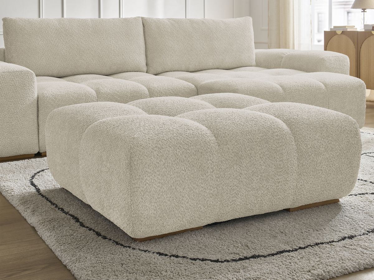 Canapé d'angle convertible réversible coffre ANAKIN tissu bouclette avec pouf