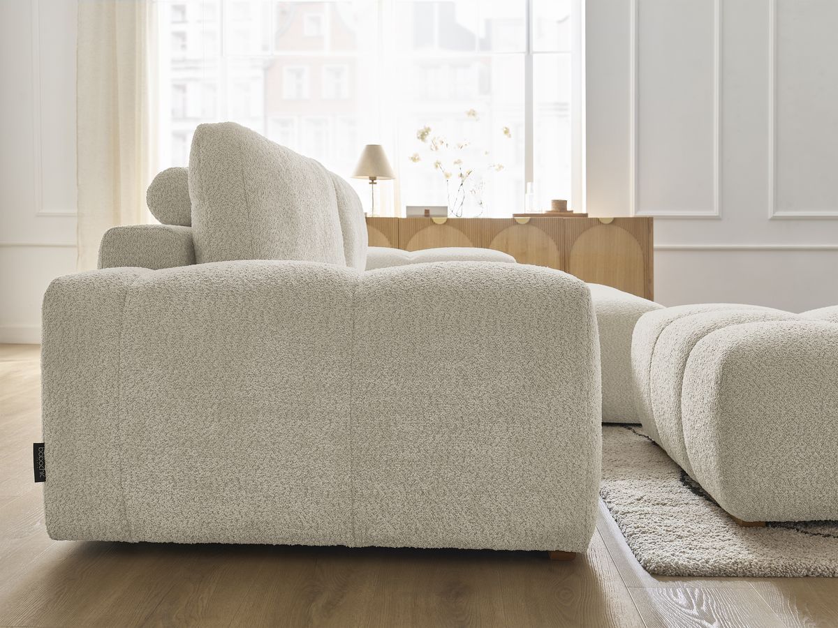 Canapé d'angle convertible réversible coffre ANAKIN tissu bouclette avec pouf