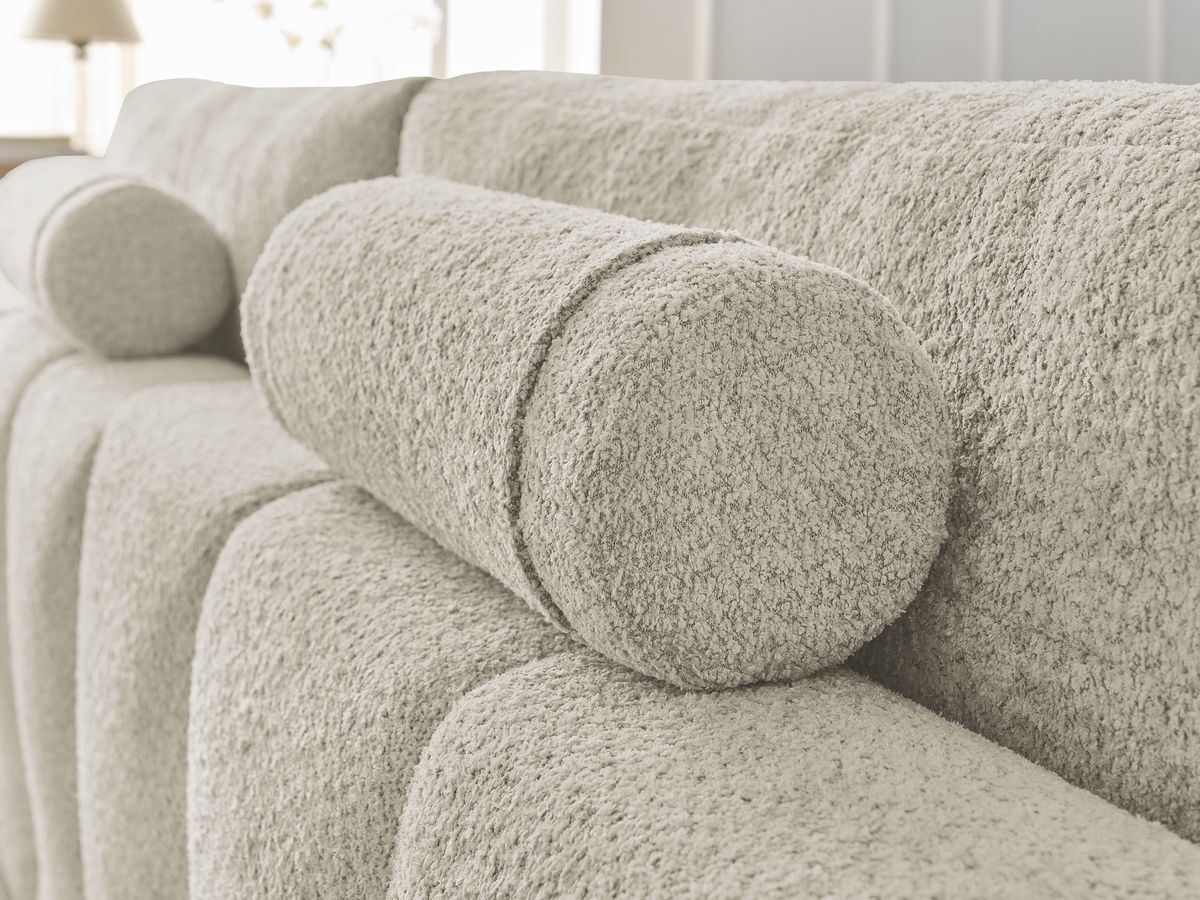 Canapé d'angle convertible réversible coffre ANAKIN tissu bouclette avec pouf