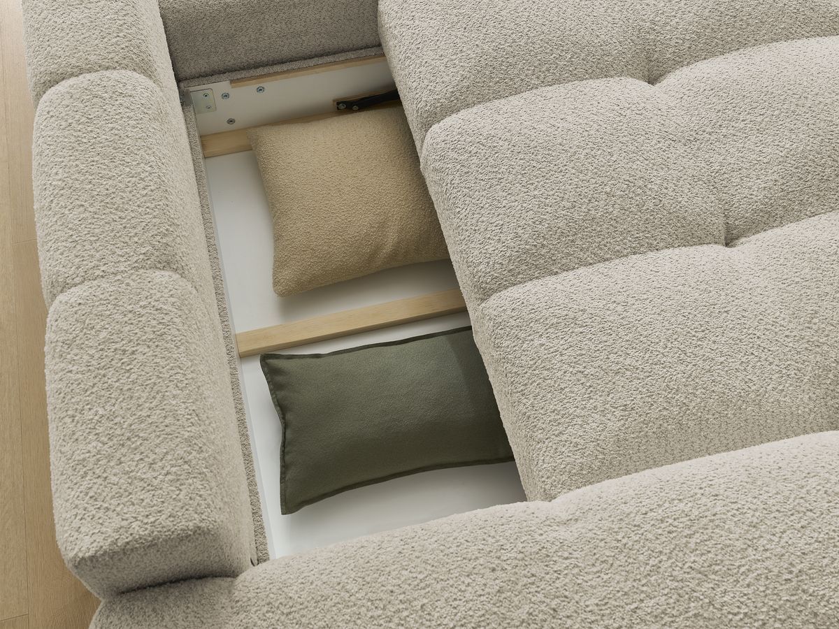 Canapé d'angle convertible réversible coffre ANAKIN tissu bouclette avec pouf