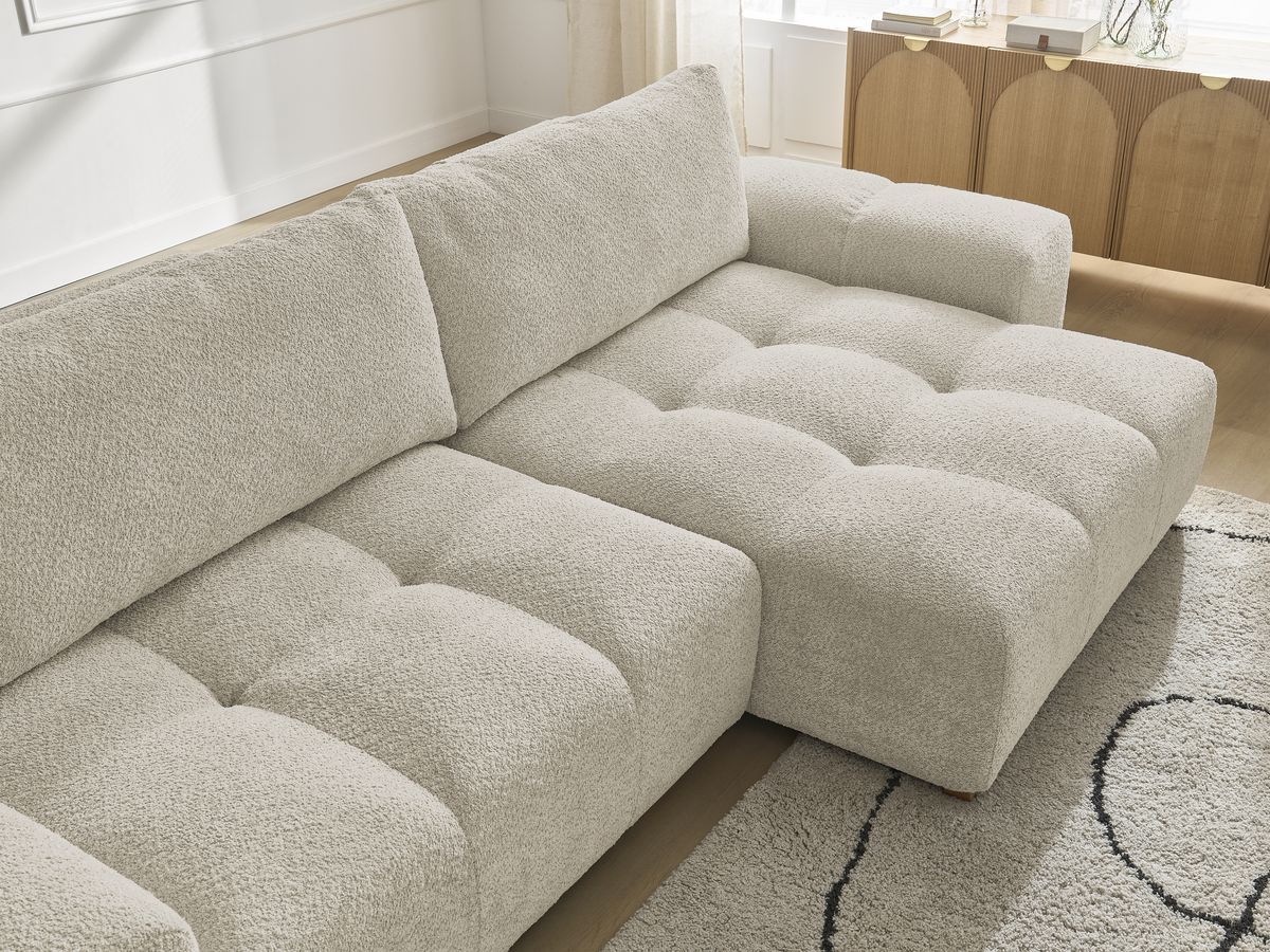 Canapé d'angle convertible réversible coffre ANAKIN tissu bouclette avec pouf