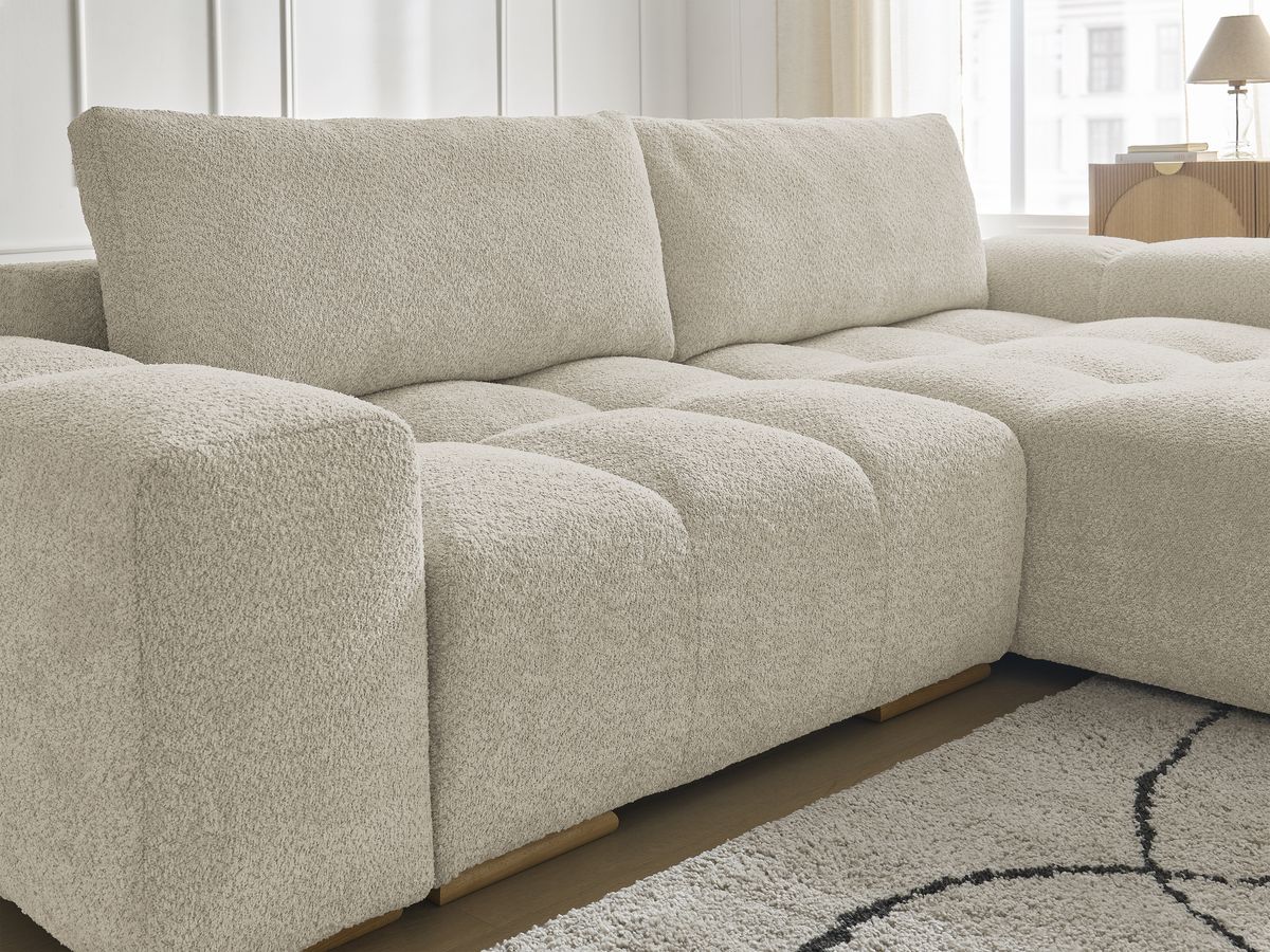 Canapé d'angle convertible réversible coffre ANAKIN tissu bouclette avec pouf